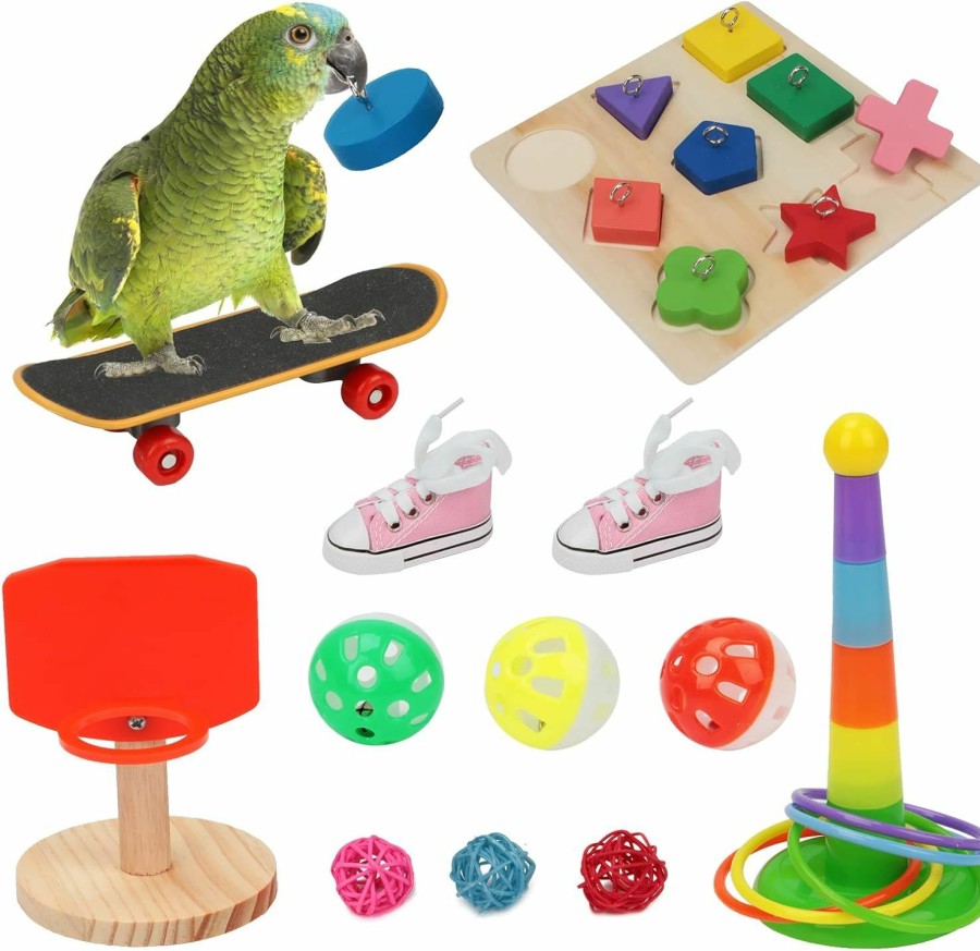 Pet Bird BWOGUE | Bwogue 12Pcs Bird Training Toys Parrot Intelligence Toy Mini Sneaker Skateboard Parrot Wooden Block Puzzles Toy Bird Basketball Toy Stacking Rings For Budgie Parakeet Cockatiel Conure Lovebird