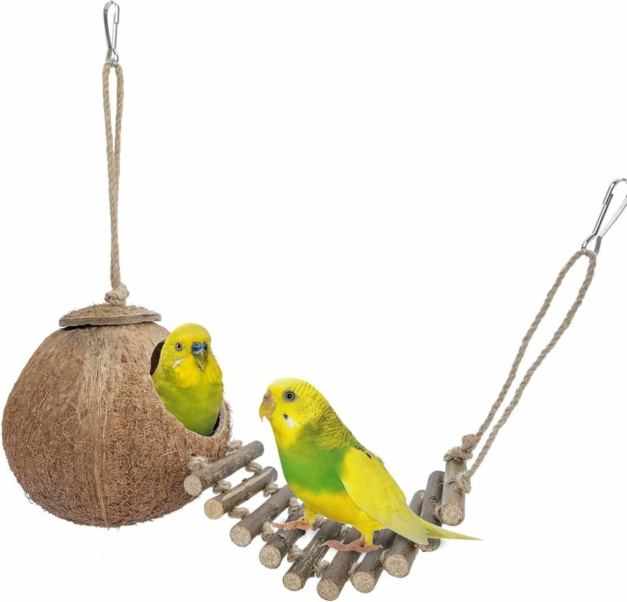 Pet Bird Niteangel | Niteangel Natural Coconut Hideaway With Ladder, Bird And Small Animal Toy (House With Ladder, Natural Surface)