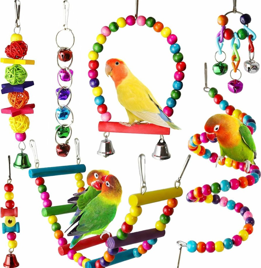 Pet Bird ESRISE | 7 Pcs Bird Parakeet Cockatiel Toys, Esrise Hanging Bell Pet Bird Cage Hammock Swing Climbing Ladders Toy Wooden Perch Chewing Toy For Conures, Love Birds, Finche, Budgerigar