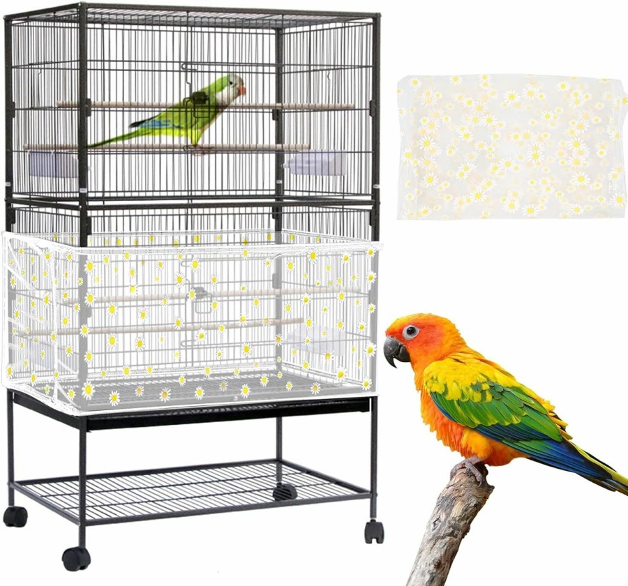 Pet Bird Daoeny | Daoeny Large Bird Cage Cover, Bird Cage Seed Catcher, Adjustable Soft Nylon Mesh Net With Daisy Pattern, Birdcage Cover Skirt Seed Guard For Parrot Parakeet Macaw Round Square Cages (Black)