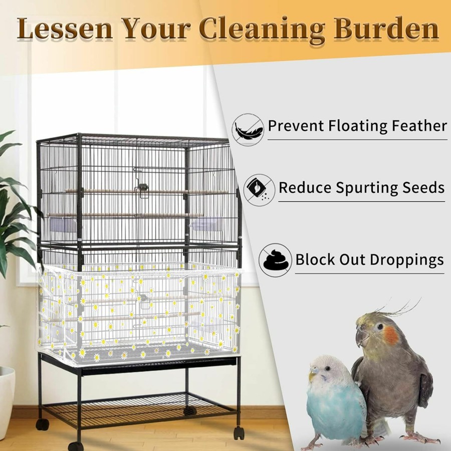 Pet Bird Daoeny | Daoeny Large Bird Cage Cover, Bird Cage Seed Catcher, Adjustable Soft Nylon Mesh Net With Daisy Pattern, Birdcage Cover Skirt Seed Guard For Parrot Parakeet Macaw Round Square Cages (Black)