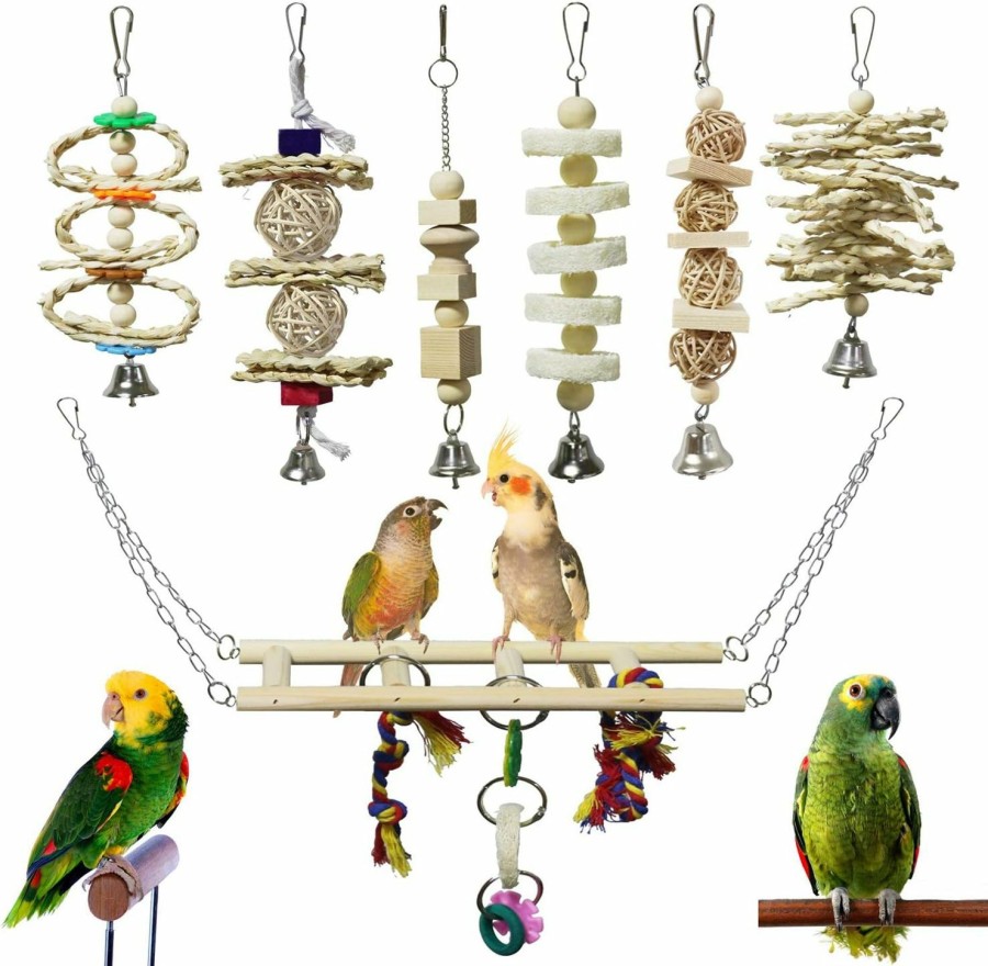 Pet Bird BWOGUE | Bwogue 7 Packs Bird Parrot Toys Natural Wood Chewing Toy Bird Cage Toys Hanging Swing Hammock Climbing Ladders Toys For Small Parakeets, Cockatiels, Conures, Finches,Budgie, Parrots, Love Birds