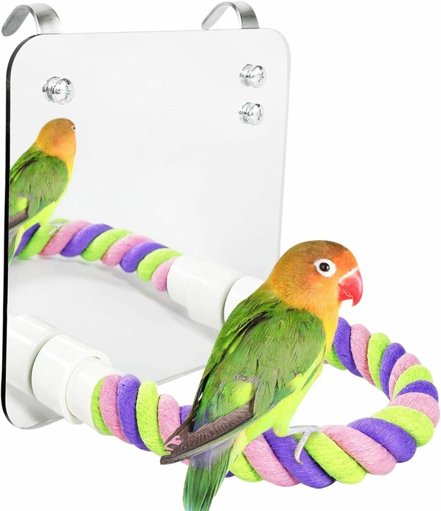 Pet Bird LOPERDEVE | Loperdeve 5.9\" Bird Mirror With Rope Perch Bird Toys Swing, Comfy Perch For Greys Amazons Parakeet Cockatiel Conure Lovebirds Finch Canaries