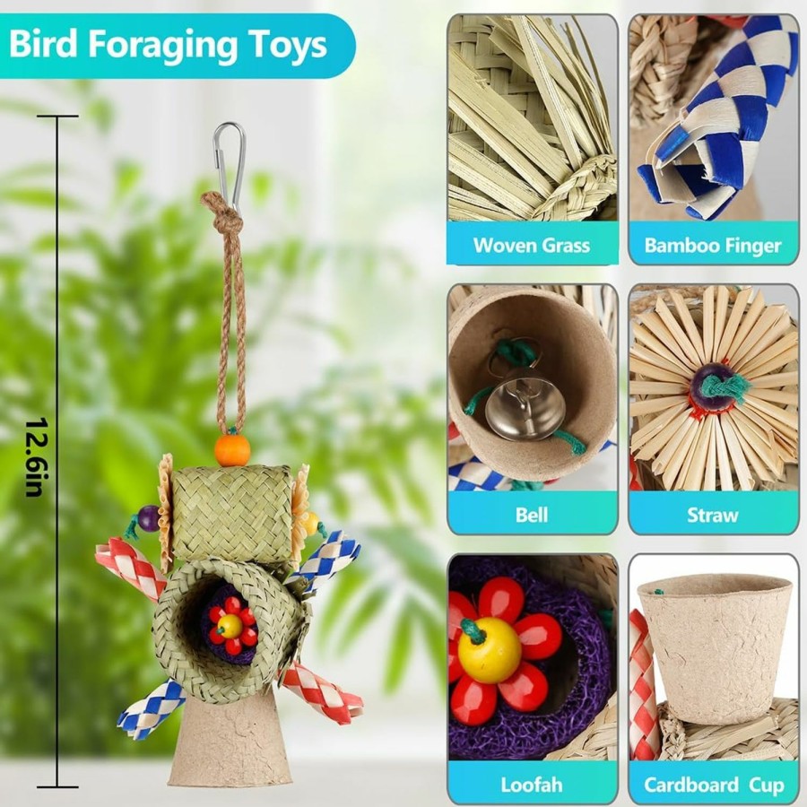 Pet Bird lovyoCoCo | Bird Toys,Bird Foraging Bark Sola Stick Nature'S Bento Bag Edible Cattail Palm Leaf Woven Parrot Toys With Corn Husk For Lovebirds,Parakeets, Budgerigars, Conure, Cockatiel,Parrotlet,Budgie (Windmill)