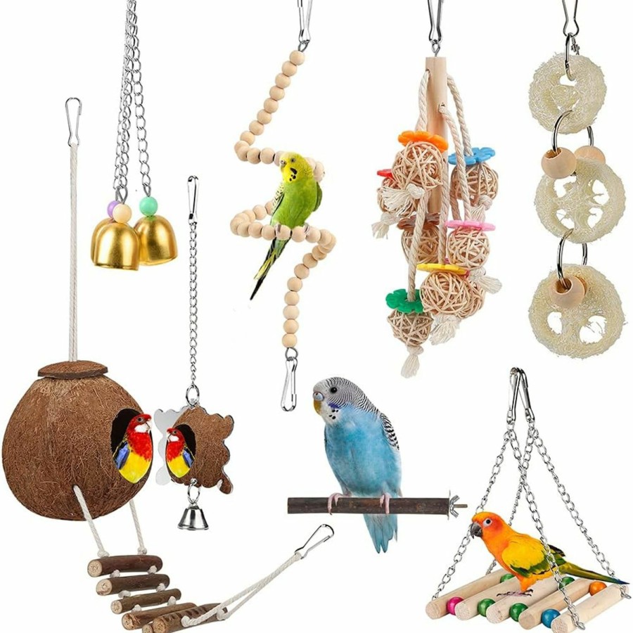 Pet Bird lovyoCoCo | Toys For Bird Parakeet Toy Bird Perch Bird Cage Hammock Coconut Hideaway With Ladder Hanging Bell Swing Chewing Hanging Toy For Parakeet,Conure,Cockatiel,Love Birds,Parrots