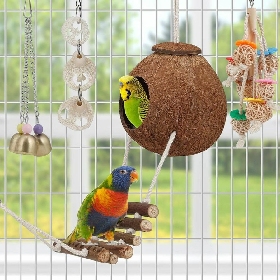 Pet Bird lovyoCoCo | Toys For Bird Parakeet Toy Bird Perch Bird Cage Hammock Coconut Hideaway With Ladder Hanging Bell Swing Chewing Hanging Toy For Parakeet,Conure,Cockatiel,Love Birds,Parrots