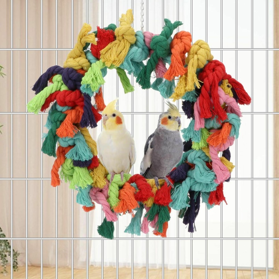 Pet Bird Wontee | Bird Colorful Cotton Rope Hanging Ring Parrot Preening Grooming Chew Climb Biting Toy For African Grey Cockatoo Conure Parakeet