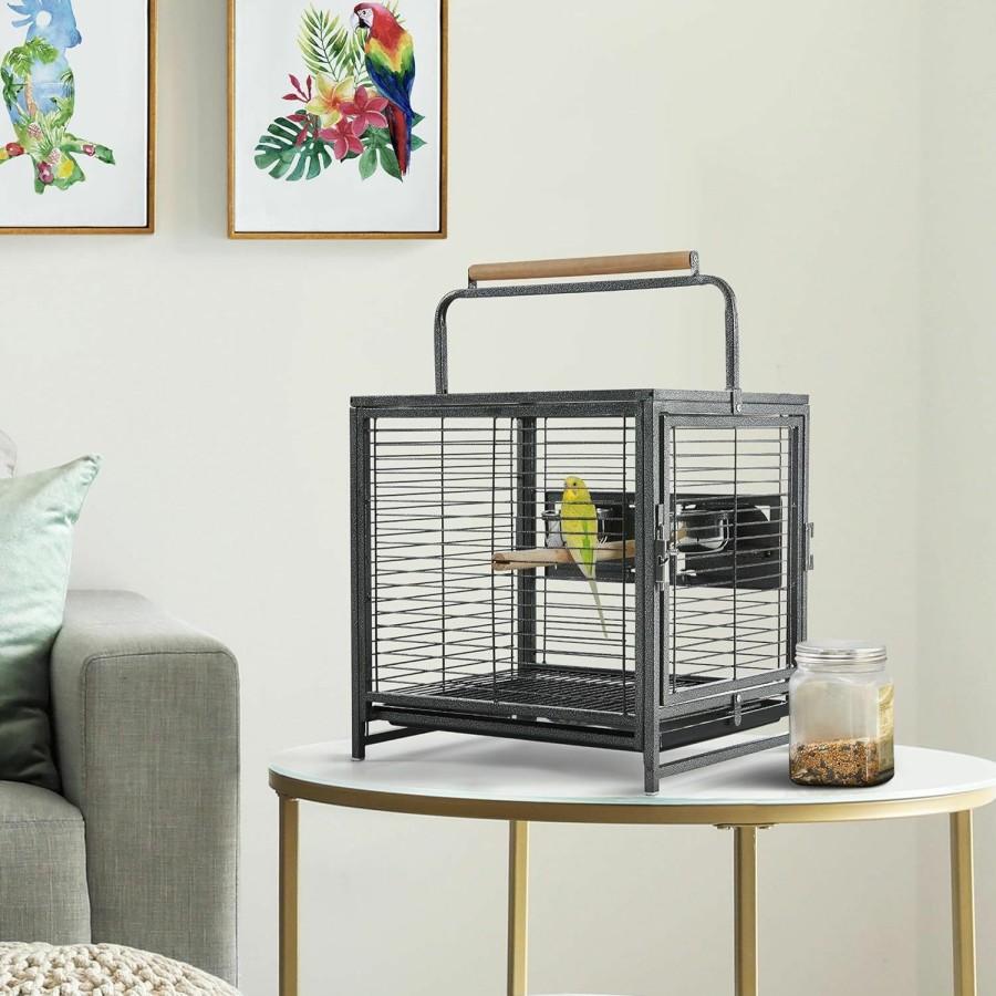 Pet Bird Yaheetech | Yaheetech 25.5'' Wrought Iron Bird Travel Carrier Cage Parrot Cage With Handle Wooden Perch & Seed Guard For Small Parrots Canaries Budgies Parrotlets Lovebirds Conures Cockatiels