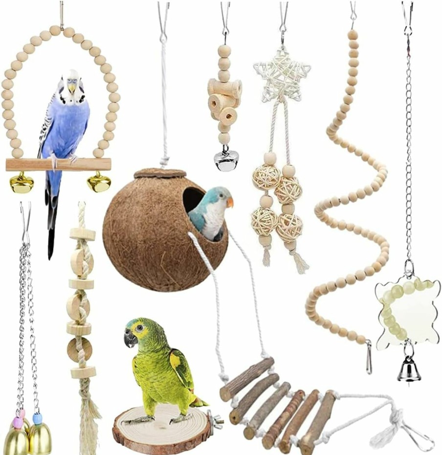 Pet Bird TOLMIOW | Tolmiow 9 Pieces Parrots Chewing Natural Wood And Rope Bungee Bird Toy For Anchovies, Coconut Hideaway With Ladder,Bird Perch Stand, Bird Cage Accessories, Parakeets, Cockatiel, Conure, Mynah, Macow