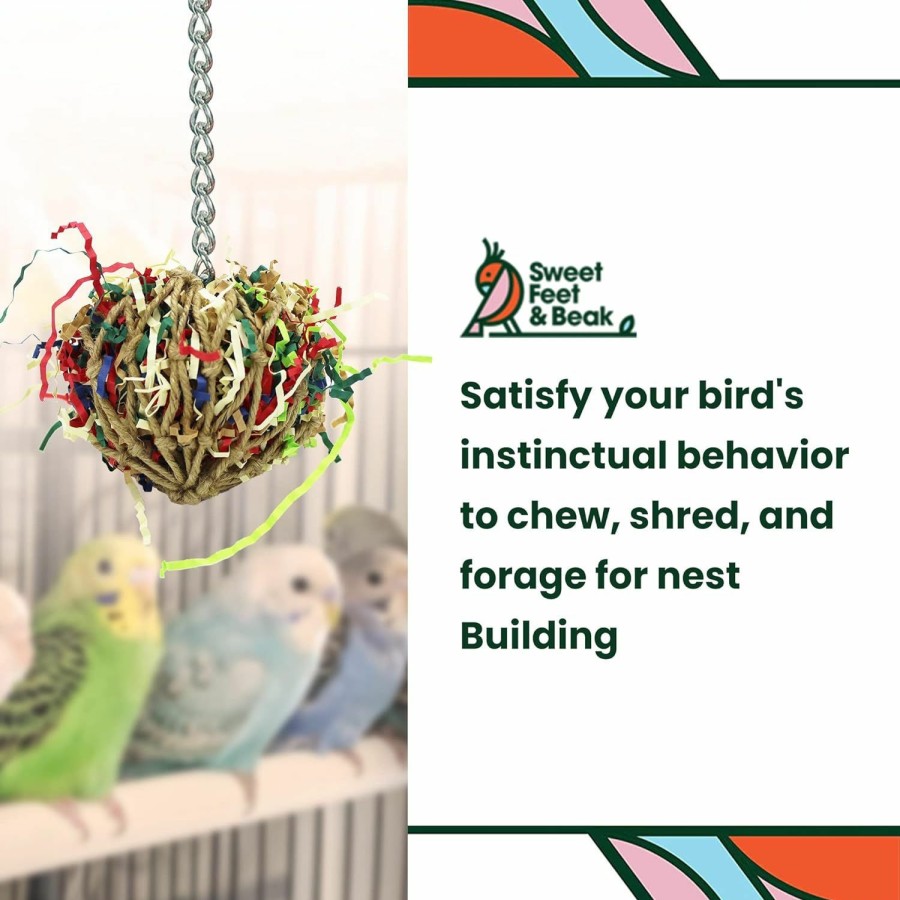 Pet Bird Sweet Feet and Beak | Sweet Feet And Beak Super Shredder Ball - Bird Cage Accessories To Keep Your Bird Busy Foraging For Hidden Treasures - Non-Toxic, Easy To Install Bird Foraging Toys For Large Sized Birds - 7 Inch