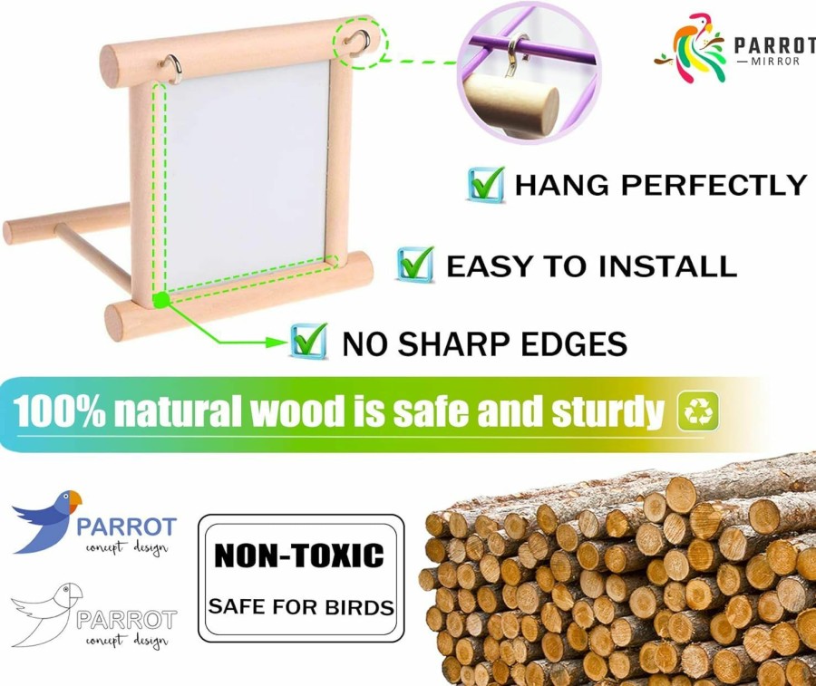 Pet Bird Blessed family | Blessed Family Bird Parakeet Mirror For Cage,Parrot Perch Stand,Wooden Hummingbird Swing Toy,Parakeet Accessories For Cockatiels Conure Finch Lovebird Canary African Grey Macaw