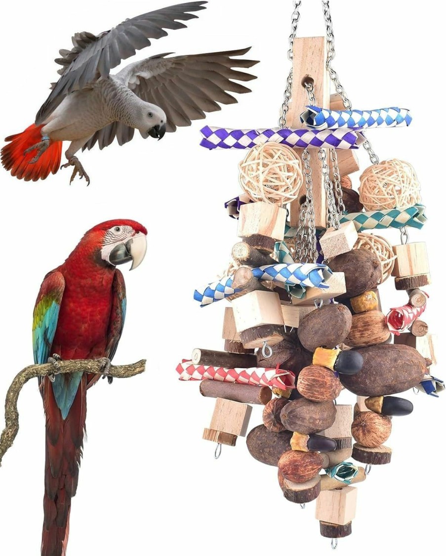 Pet Bird Bissap | Bissap Large Parrot Chew Toys, 20.8In Bird Parrot Hanging Bite Wooden Blocks Cage Fun Toy For Macaw African Greys Cockatoo Eclectus Budgies Parakeet Cockatiel Ect Large Medium Birds