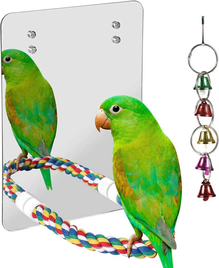 Pet Bird LOPERDEVE | Loperdeve 7\" Bird Mirror With Rope Perch Bird Toys Swing, Comfy Perch For Greys Amazons Parakeet Cockatiel Conure Lovebirds Finch Canaries