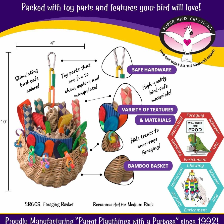 Pet Bird Super Bird Creations | Super Bird Creations Sb669 Wicker Foraging Basket Bird Toy For Ringnecks, Medium Conures, Quakers, Caiques, Pionus, Senegals - Crunchy Multi-Colored Textures - Medium Bird Size, 10" X 4" X 5"