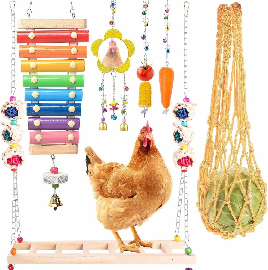 Pet Bird KAKUNM | Kakunm Chicken Toys For Coop 12Pcs, Chicken Xylophone, Chicken Swing Set, Chicken Mirror Toy, Chicken Flexible Ladder, Chicken Vegetable String Bag And Hanging Feeder, Chicken Coop Toys For Hens