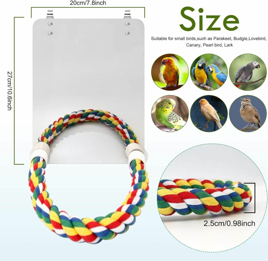 Pet Bird BWOGUE | Bwogue 7 Inch Bird Mirror With Rope Perch Cockatiel Mirror For Cage Bird Toys Swing Parrot Cage Toys For Parakeet Cockatoo Cockatiel Conure Lovebirds Finch Canaries