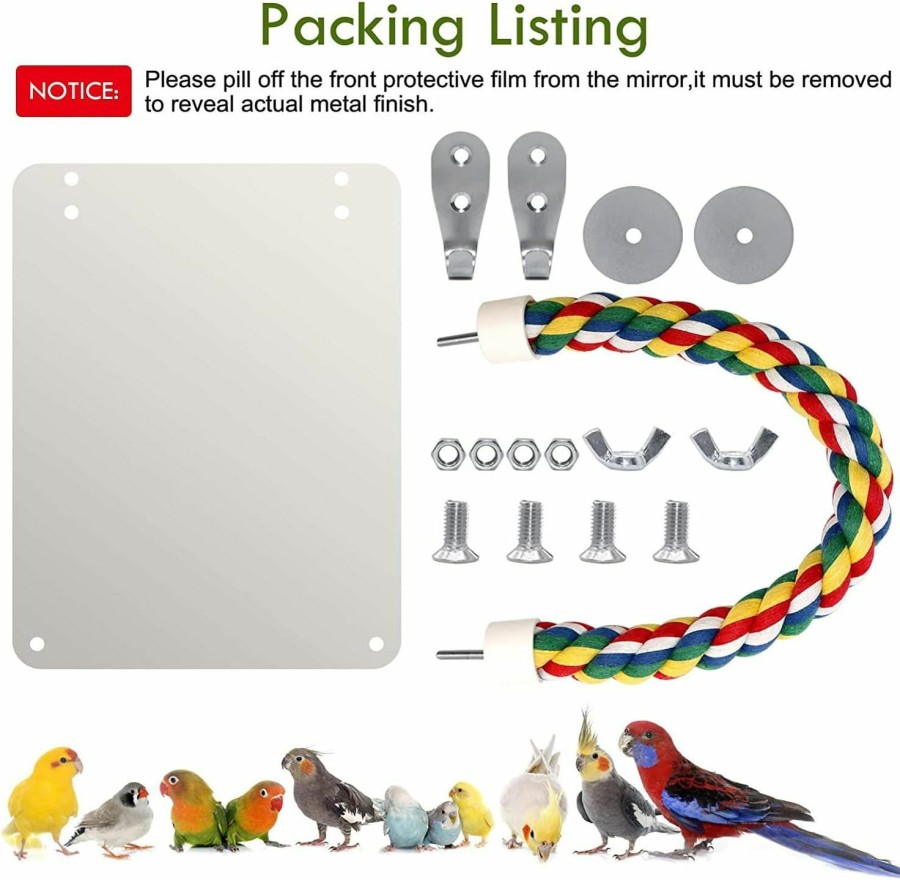 Pet Bird BWOGUE | Bwogue 7 Inch Bird Mirror With Rope Perch Cockatiel Mirror For Cage Bird Toys Swing Parrot Cage Toys For Parakeet Cockatoo Cockatiel Conure Lovebirds Finch Canaries