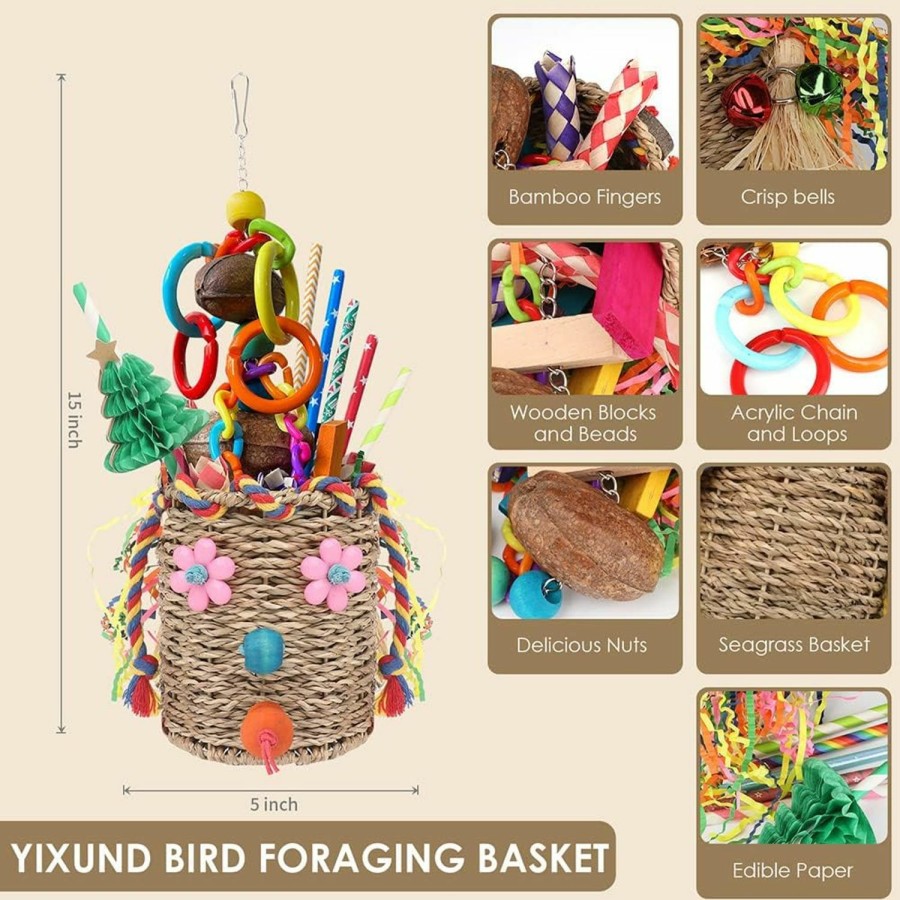 Pet Bird YIXUND | Yixund Bird Toys,Seagrass Foraging Basket Bird Toy With Colorful Crinkly Paper Wooden Blocks Paper And Bamboo Fingers Nuts Diy Honeycomb Tree For Small Parrot Birds