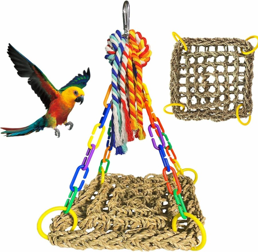 Pet Bird matafat | Bird Foraging Cage Toy, Seagrass Woven Climbing Hammock Swing Mat With Colorful Chewing Rope Toys, Suit For Lovebirds, Finch, Parakeets, Conure, Cockatiel