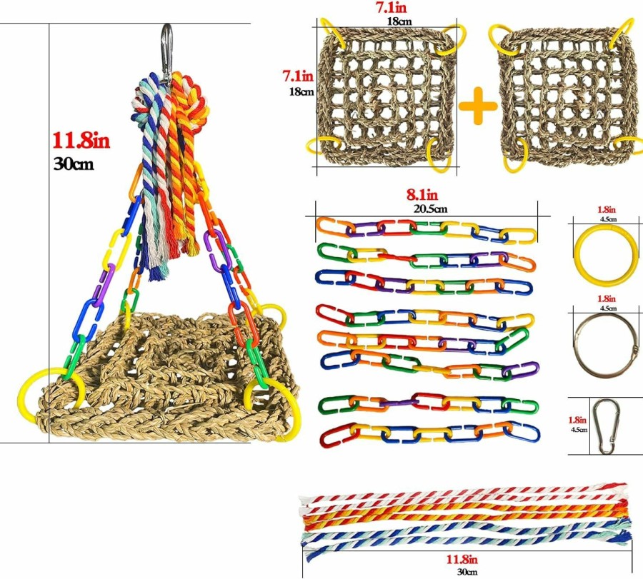 Pet Bird matafat | Bird Foraging Cage Toy, Seagrass Woven Climbing Hammock Swing Mat With Colorful Chewing Rope Toys, Suit For Lovebirds, Finch, Parakeets, Conure, Cockatiel