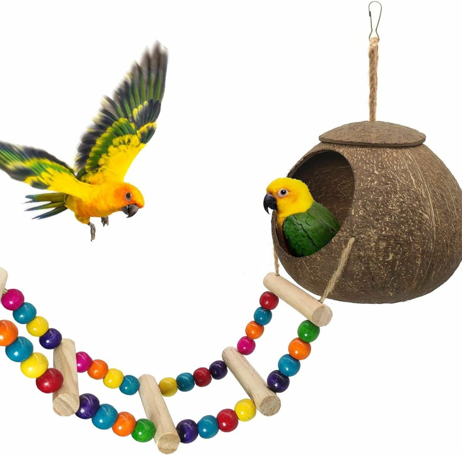 Pet Bird Eeaivnm | Hanging Coconut Bird House With Ladder,Natural Coconut Fiber Shell Bird Nest For Parrot Parakeet Lovebird Finch Canary,Coconut Hide Bird Swing Toys For Hamster,Bird Cage Accessories,Pet Bird Supplies