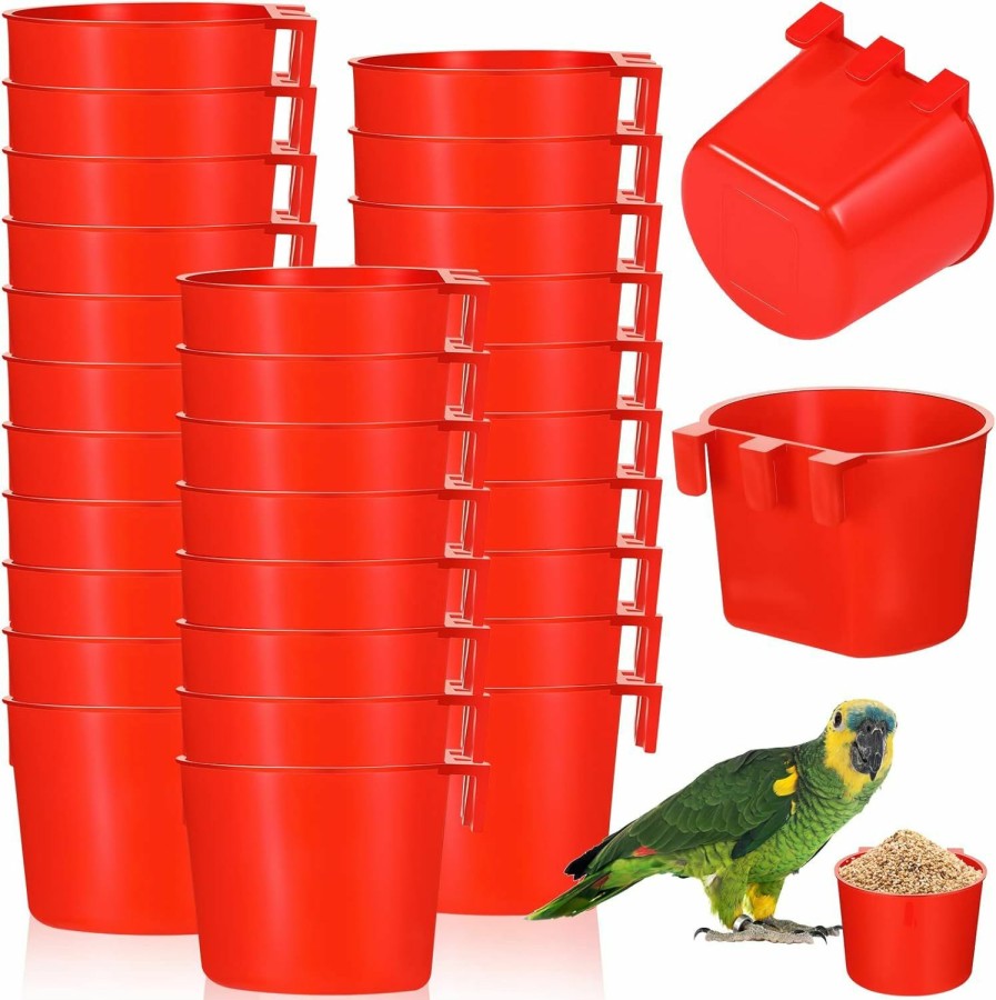 Pet Bird Suclain | 30 Pcs Cage Cups Birds Feeders Bird Water Dispenser Hanging Quail Waterer Plastic Chicken Feeding Watering Dish For Small Coop Parrot Parakeet Pet Poultry Pigeon Gamefowl Food Seed Bowl Supplies, Red