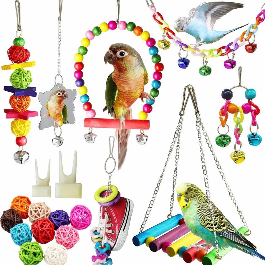 Pet Bird PBIEHSR | Pbiehsr Bird Parakeet Cockatiel Toys, 19 Pcs Pet Bird Cage Swing Hammock Shoe Chewing Toy Hanging Bell Wooden Perch For Conures, Love Birds, Finches, Budgie