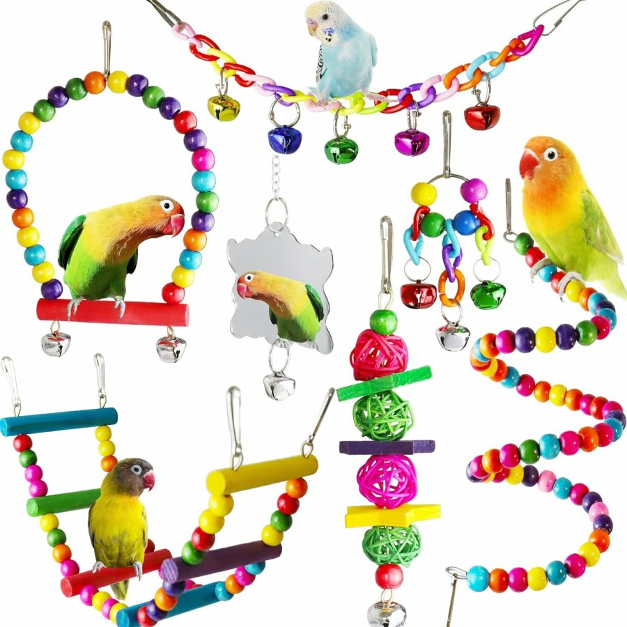 Pet Bird ESRISE | Bird Parakeet Cockatiel Toys, Esrise Natural Wood Hanging Bell Pet Bird Cage Hammock Swing Climbing Ladders Wooden Perch Mirror Chewing Toy For Budgerigar, Conures, Love Birds