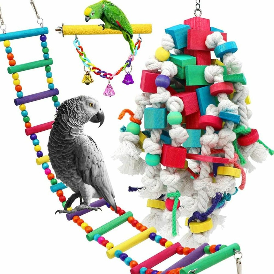 Pet Bird PETUOL | Petuol Bird Toys, Large Bird Swing Toys, 3 Pcs Parrot Toys Chewing Wood With Bells Toys For Small Macaws Cockatoos, Alexandrine Parakeet, African Grey Parrot And Variety Of Medium Amazon Parrots