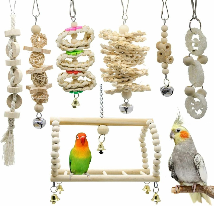 Pet Bird Deloky | Deloky 7 Packs Parrot Swing Chewing Toys-Hanging Bell Bird Cage Toys Suitable For Small Parakeets, Cockatiels, Conures, Finches,Budgie,Macaws, Parrots, Love Birds