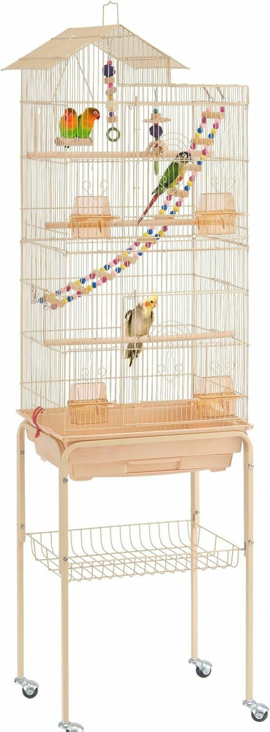 Pet Bird Yaheetech | Yaheetech 62.4-Inch Roof Top Flight Bird Cage For Parakeets Cockatiels Conures Finches Lovebirds Canaries Budgies Small Parrots, Large Birdcage With Detachable Rolling Stand, White